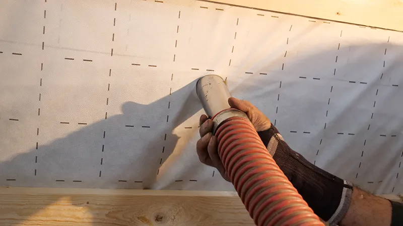 Die Dämmung wird hinter die Folie eingeblasen.