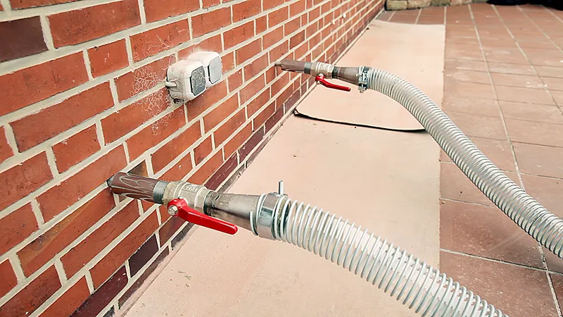 Durch Schläuche wird der Dämmstoff in die Fassade geblasen.